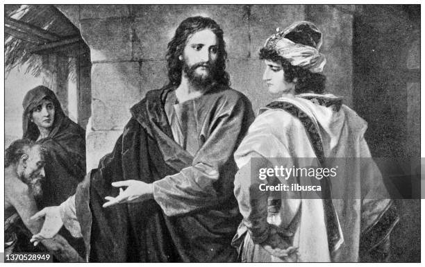 antique religious painting: jesus and the rich young man by hofmann - god of wealth stock illustrations