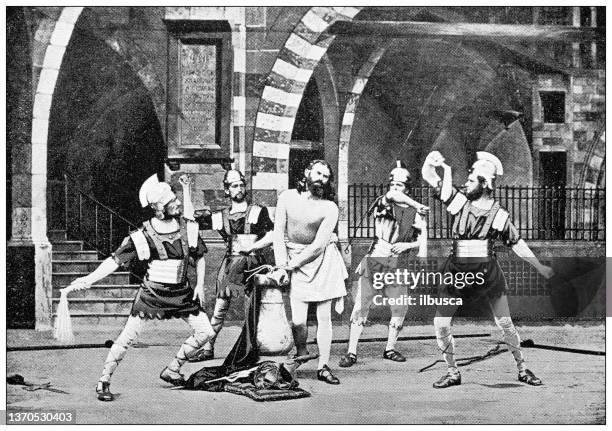 passion of christ theatrical play in oberammergau, germany: the scourging - passion play stock illustrations