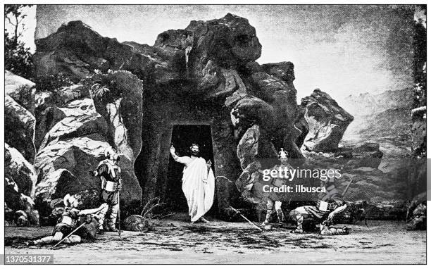 passion of christ theatrical play in oberammergau, germany: resurrection - resurrection tomb stock illustrations