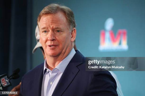 Commissioner Roger Goodell speaks to the media during the Super Bowl LVI head coach and MVP press conference at Los Angeles Convention Center on...