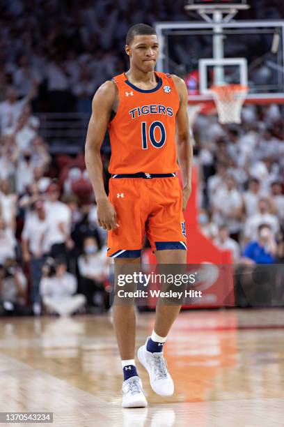 Jabari Smith of the Auburn Tigers walks down the court during a game against the Arkansas Razorbacks at Bud Walton Arena on February 08, 2022 in...