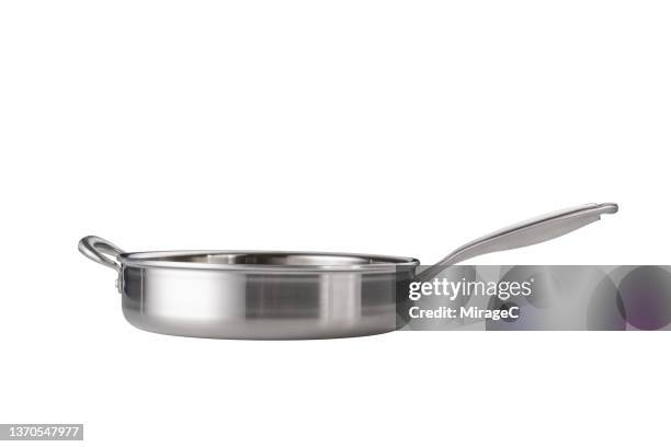 stainless steel cooking pan directly above on white - pan keukengereedschap stockfoto's en -beelden