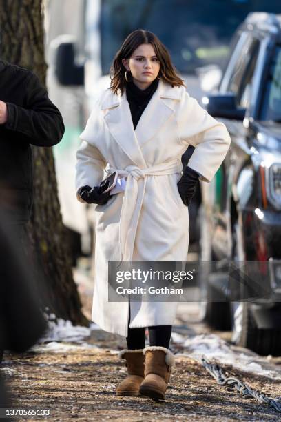 Selena Gomez is seen filming "Only Murders in the Building" in the Upper West Side on February 14, 2022 in New York City.