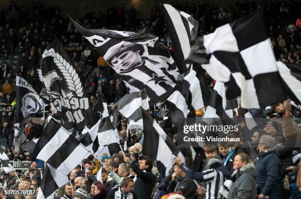 Newcastle United banners being waved by fans during the Premier League match between Newcastle United and Aston Villa at St. James Park on February...