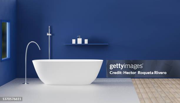 computer generated image of bathroom with bathtub, metal faucets and glasses, wooden and metal floor, 3d rendering - deko bad stock-fotos und bilder