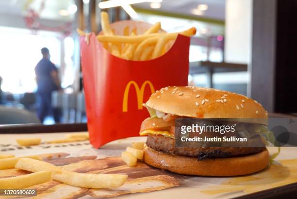 In this photo illustration, a McDonald's McPlant Beyond Meat burger is displayed with french fries at a McDonald's restaurant on February 14, 2022 in...