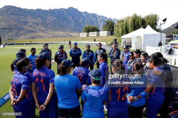 Indian team huddle during game two of the One Day International Series between the New Zealand White Ferns and India at John Davies Oval on February...