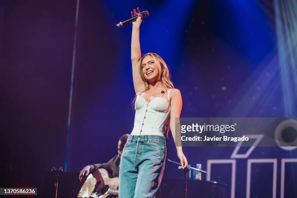 Spanish singer Ana Mena performs on stage during the 'Dial Unicas' concert at Teatro Coliseum on February 14, 2022 in Madrid, Spain.