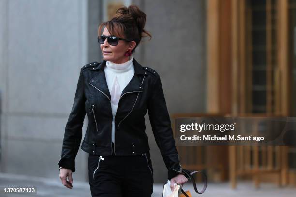 Former Alaska Governor Sarah Palin leaves federal court on February 14, 2022 in New York City. On Monday U.S. District Judge Jed Rakoff announced...