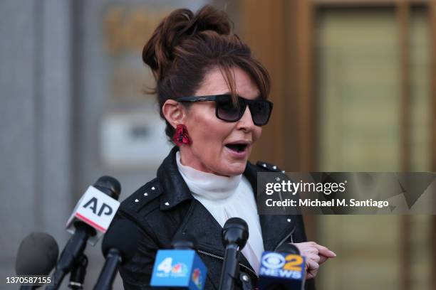 Former Alaska Governor Sarah Palin speaks with reporters as she leaves federal court on February 14, 2022 in New York City. On Monday U.S. District...