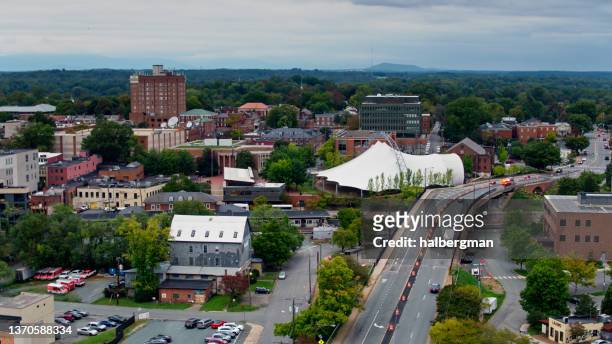road through downtown charlottesville, va - aerial - charlottesville stock pictures, royalty-free photos & images