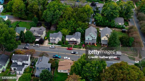 overhead shot of residential street in charlottesville, virginia - charlottesville stock pictures, royalty-free photos & images