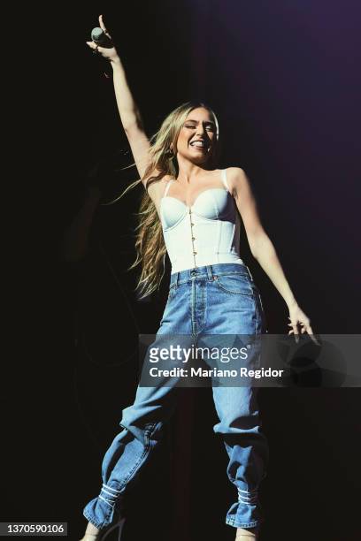 Spanish singer Ana Mena performs on stage during the 'Dial Unicas' charity concert on February 14, 2022 in Madrid, Spain.