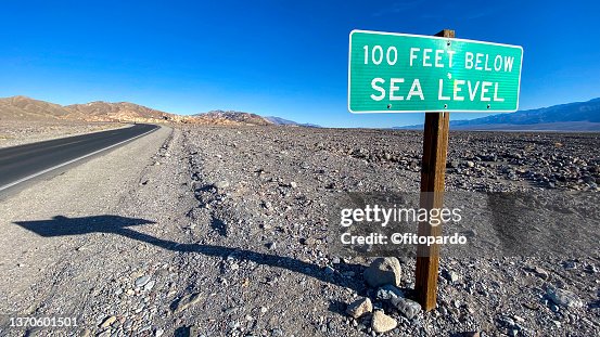 100 Feet below sea level street sign in Death Valley National Park 100 Feet below sea level street sign in Death Valley National Park