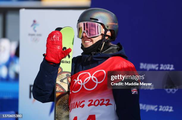 Katie Summerhayes of Team Great Britain reacts after their run during the Women's Freestyle Skiing Freeski Slopestyle Final on Day 11 of the Beijing...