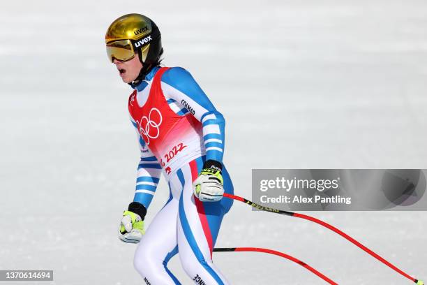 Romane Miradoli of Team France reacts following her run during the Women's Downhill on day 11 of the Beijing 2022 Winter Olympic Games at National...