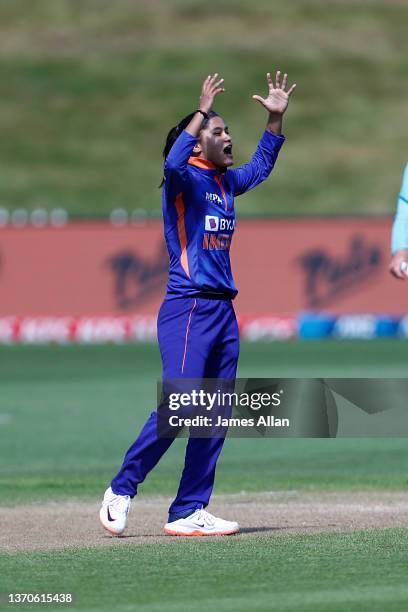 Indian player Simrna Dil Bahadur bowls during game two of the One Day International Series between the New Zealand White Ferns and India at John...