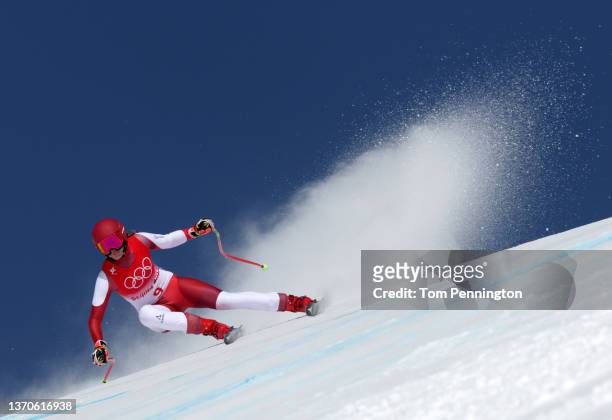 Mirjam Puchner of Team Austria skis during the Women's Downhill on day 11 of the Beijing 2022 Winter Olympic Games at National Alpine Ski Centre on...
