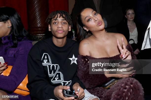 La La Anthony and Kiyan Carmelo Anthony attend the LaQuan Smith Fall/Winter 2022 show during New York Fashion Week on February 14, 2022 in New York...