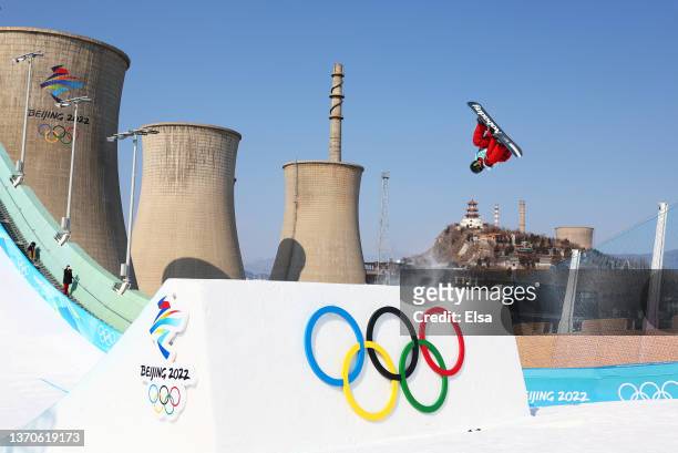 Max Parrot of Team Canada performs a trick in practice ahead of the Men's Snowboard Big Air final on Day 11 of the Beijing Winter Olympics at Big Air...