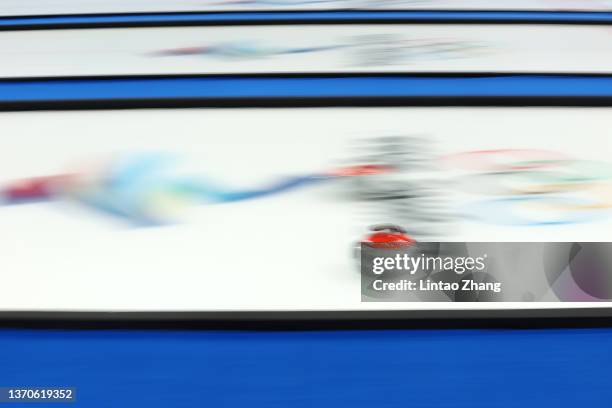 General view of a curling stone on the ice during the Men’s Curling Round Robin Session 9 on Day 11 of the Beijing 2022 Winter Olympic Games at...