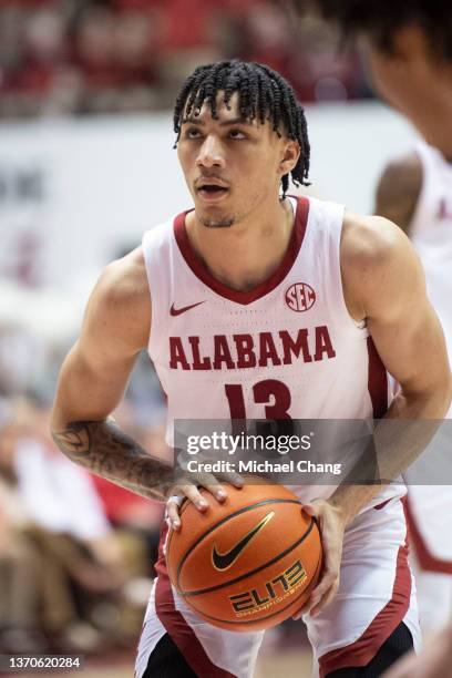 Jahvon Quinerly of the Alabama Crimson Tide during their game against the Arkansas Razorbacks at Coleman Coliseum on February 12, 2022 in Tuscaloosa,...