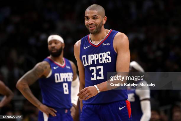 Nicolas Batum of the Los Angeles Clippers reacts to a play during the second quarter against the Golden State Warriors at Crypto.com Arena on...