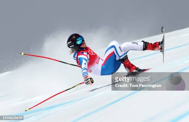 Camille Cerutti of Team France crashes during the Women's Downhill on day 11 of the Beijing 2022 Winter Olympic Games at National Alpine Ski Centre...