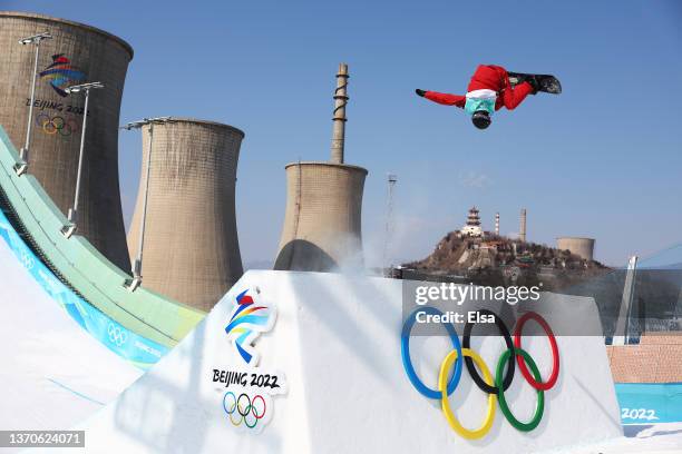 Max Parrot of Team Canada performs a trick in practice ahead of the Men's Snowboard Big Air final on Day 11 of the Beijing Winter Olympics at Big Air...