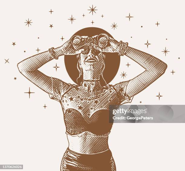ilustrações de stock, clip art, desenhos animados e ícones de young hipster woman with binoculars and stars - ponto de vista de binóculo