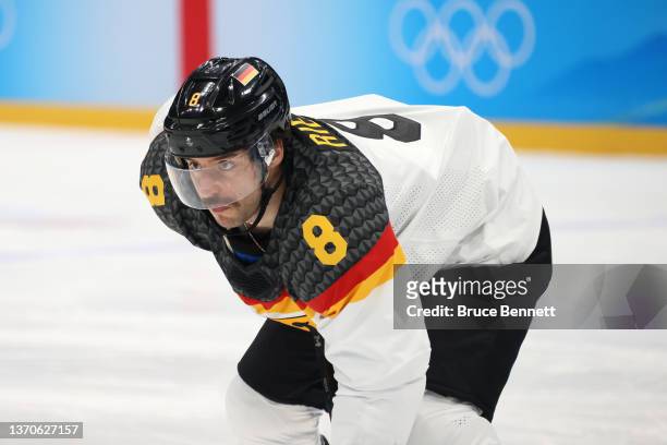 Tobias Rieder of Team Germany lines up in position before the puck drop during the Men’s Ice Hockey Qualification match between Team Slovakia and...