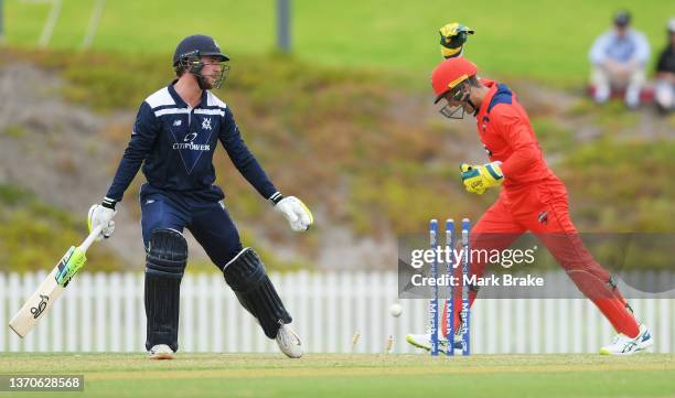 Mackenzie Harvey of the Bushrangers bowled by Nathan McSweeney of the Redbacks as Alex Carey of the Redbacks celebrates during the Marsh One Day Cup...