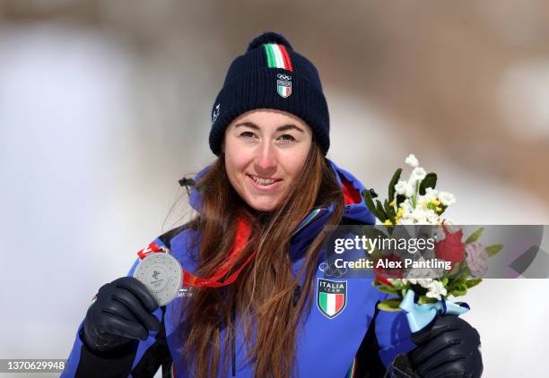 Silver medalist Sofia Goggia of Team Italy poses during the Women’s Downhill medal ceremony on day 11 of the Beijing 2022 Winter Olympic Games at...