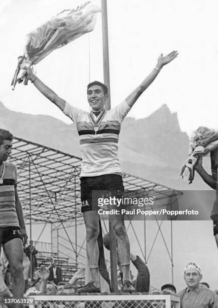 Belgian racing cyclist Eddy Merckx celebrates becoming world amateur champion at Sallanches, France, 6th September 1964.