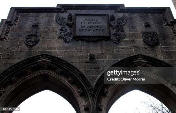 View of the plaque atop Rothschild Arch, which connects Dickinson Hall and University Chapel, on the Princeton University campus, Princeton, New...