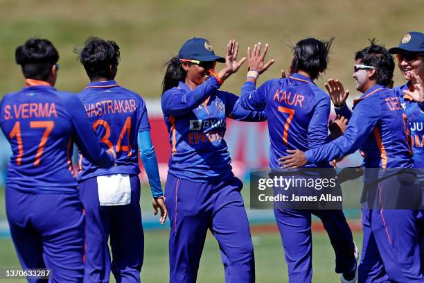 Indian players celebrate a wicket during game two of the One Day International Series between the New Zealand White Ferns and India at John Davies...