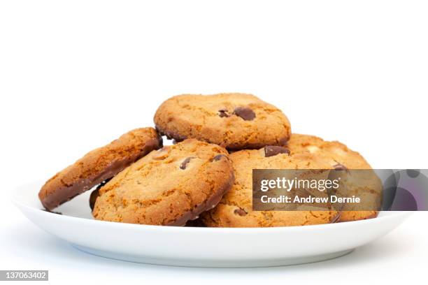 chocolate chip cookies - chocolate chip cookie on white stock pictures, royalty-free photos & images