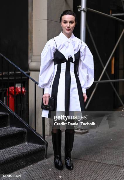 Mary Leest is seen wearing a Carolina Herrera outfit outside the Carolina Herrera show during New York Fashion Week A/W 2022 on February 14, 2022 in...