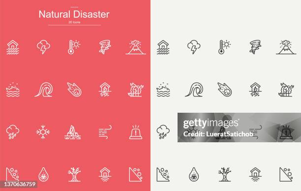 stockillustraties, clipart, cartoons en iconen met natural disaster line icons design - the aftermath of hurricane maria amid an economic crisis