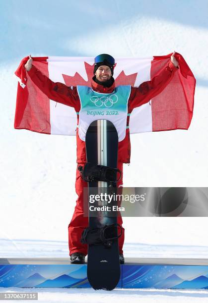 Bronze medallist Max Parrot of Team Canada poses during the Men’s Snowboard Big Air flower ceremony on Day 11 of the Beijing Winter Olympics at Big...