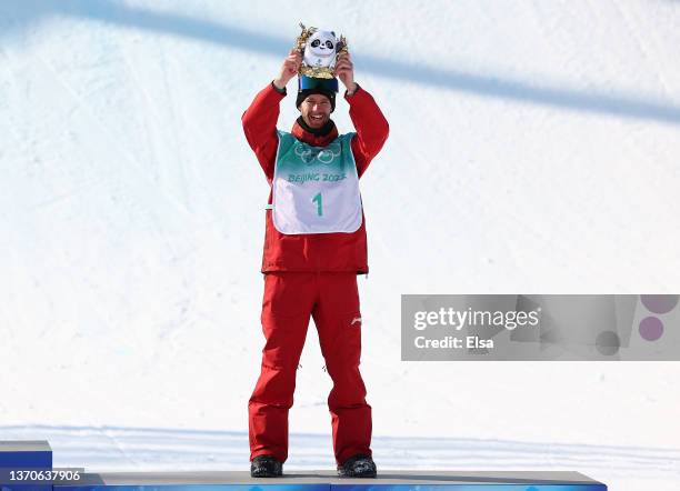 Bronze medallist Max Parrot of Team Canada celebrates during the Men’s Snowboard Big Air flower ceremony on Day 11 of the Beijing Winter Olympics at...