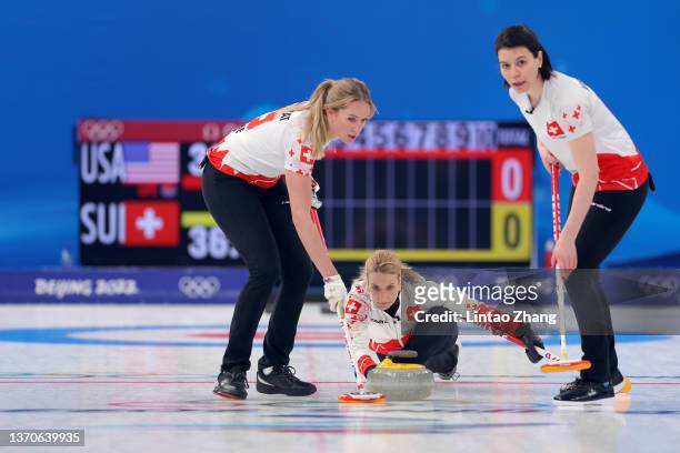 Melanie Barbezat, Silvana Tirinzoni and Esther Neuenschwander of Team Switzerland compete against Team United States during the Women’s Curling Round...
