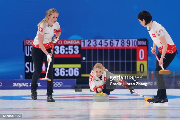 Melanie Barbezat, Silvana Tirinzoni and Esther Neuenschwander of Team Switzerland compete against Team United States during the Women’s Curling Round...