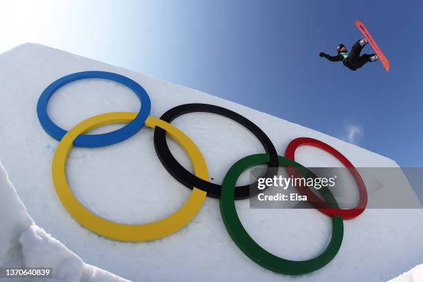 Yiming Su of Team China performs a trick during the Men's Snowboard Big Air final on Day 11 of the Beijing Winter Olympics at Big Air Shougang on...