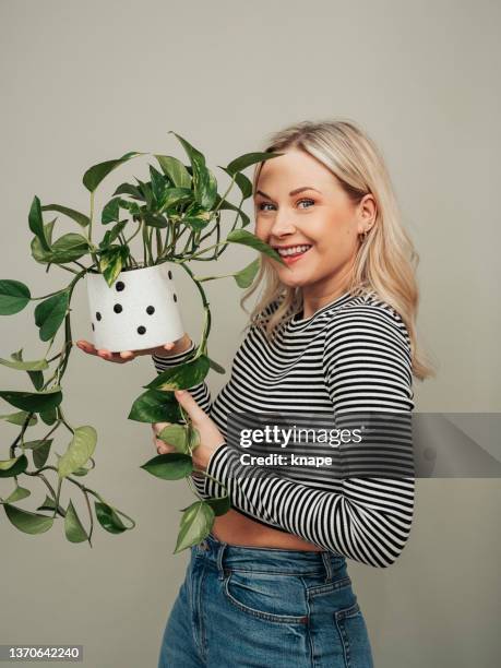 frau mit topfzimmerpflanze lässiges pflanzenfoto im studio - zimmerpflanze stock-fotos und bilder