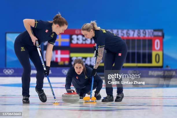 Agnes Knochenhauer, Anna Hasselborg and Sofia Mabergs of Team Sweden compete against Team Denmark during the Women’s Curling Round Robin Session on...