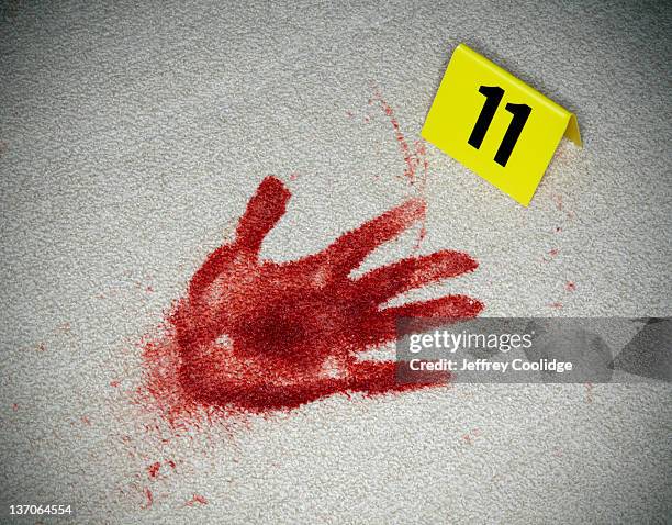 bloody handprint and evidence marker - handprint stock pictures, royalty-free photos & images