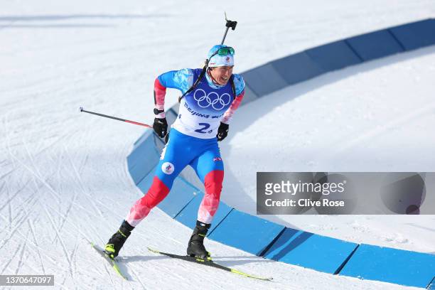 Eduard Latypov of Team ROC makes a penalty lap after leading during Men's Biathlon 4x7.5km Relay on Day 11 of Beijing 2022 Winter Olympics at...