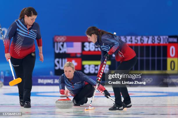 Becca Hamilton, Nina Roth and Tabitha Peterson of Team United States compete against Team Switzerland during the Women’s Curling Round Robin Session...