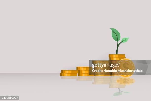 the piles of golden coin with the growth of plant illustration concept shows the financial of investment for creating the financial and economy background. - bank cartoon stock pictures, royalty-free photos & images